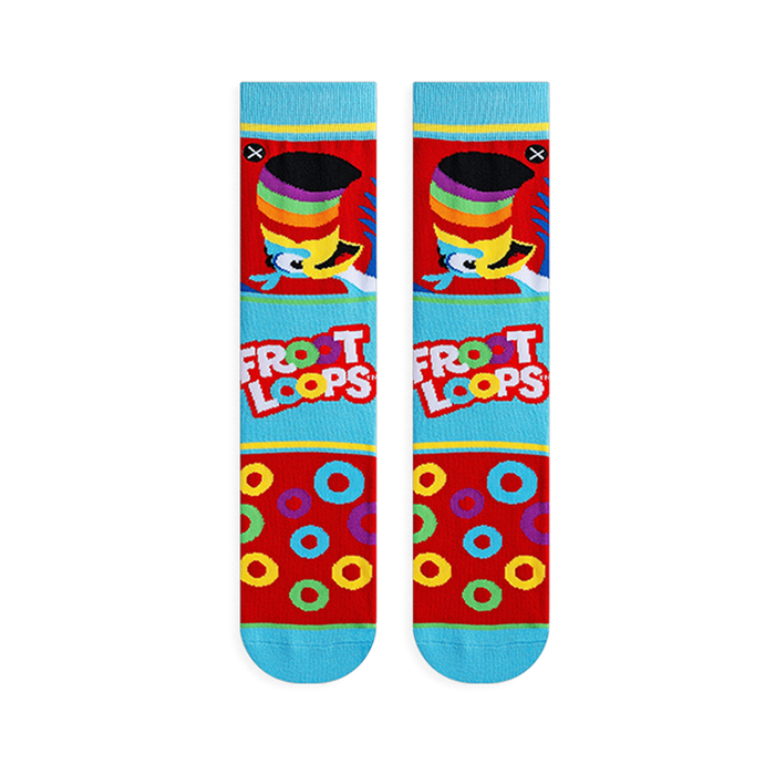 Front view of Froot Loops socks showing Toucan Sam, the logo, colorful rings, and blue toes on a red and blue background.