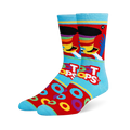 Light blue and red crew socks featuring Toucan Sam, the Froot Loops logo, scattered cereal rings, and bright blue toes.