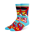 Light blue and red crew socks featuring Toucan Sam, the Froot Loops logo, scattered cereal rings, and bright blue toes.