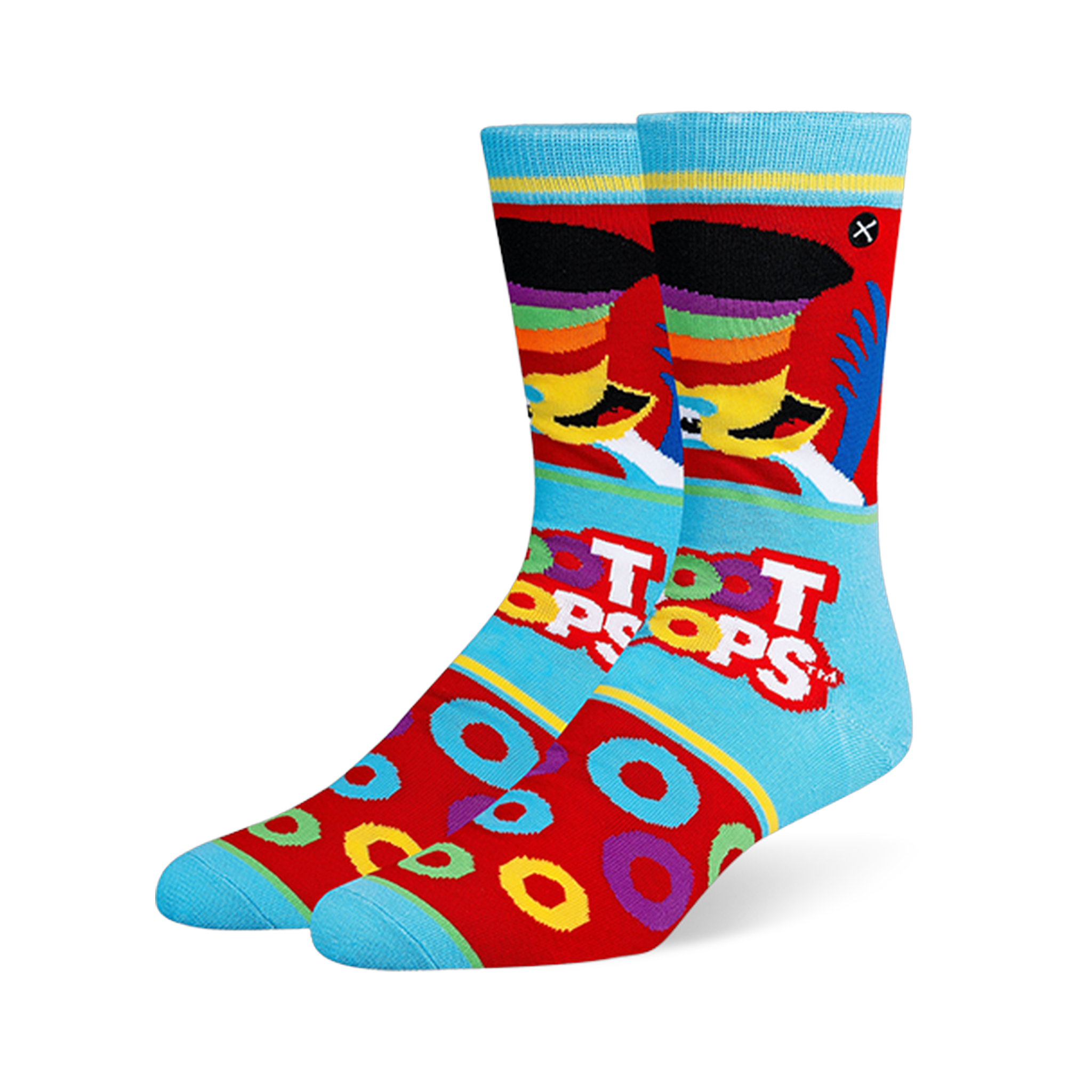 Light blue and red crew socks featuring Toucan Sam, the Froot Loops logo, scattered cereal rings, and bright blue toes.