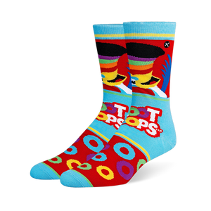 Light blue and red crew socks featuring Toucan Sam, the Froot Loops logo, scattered cereal rings, and bright blue toes.