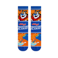 Flat lay of two crew socks showing Tony the Tiger, the Frosted Flakes logo, and a cereal bowl design on an orange base.