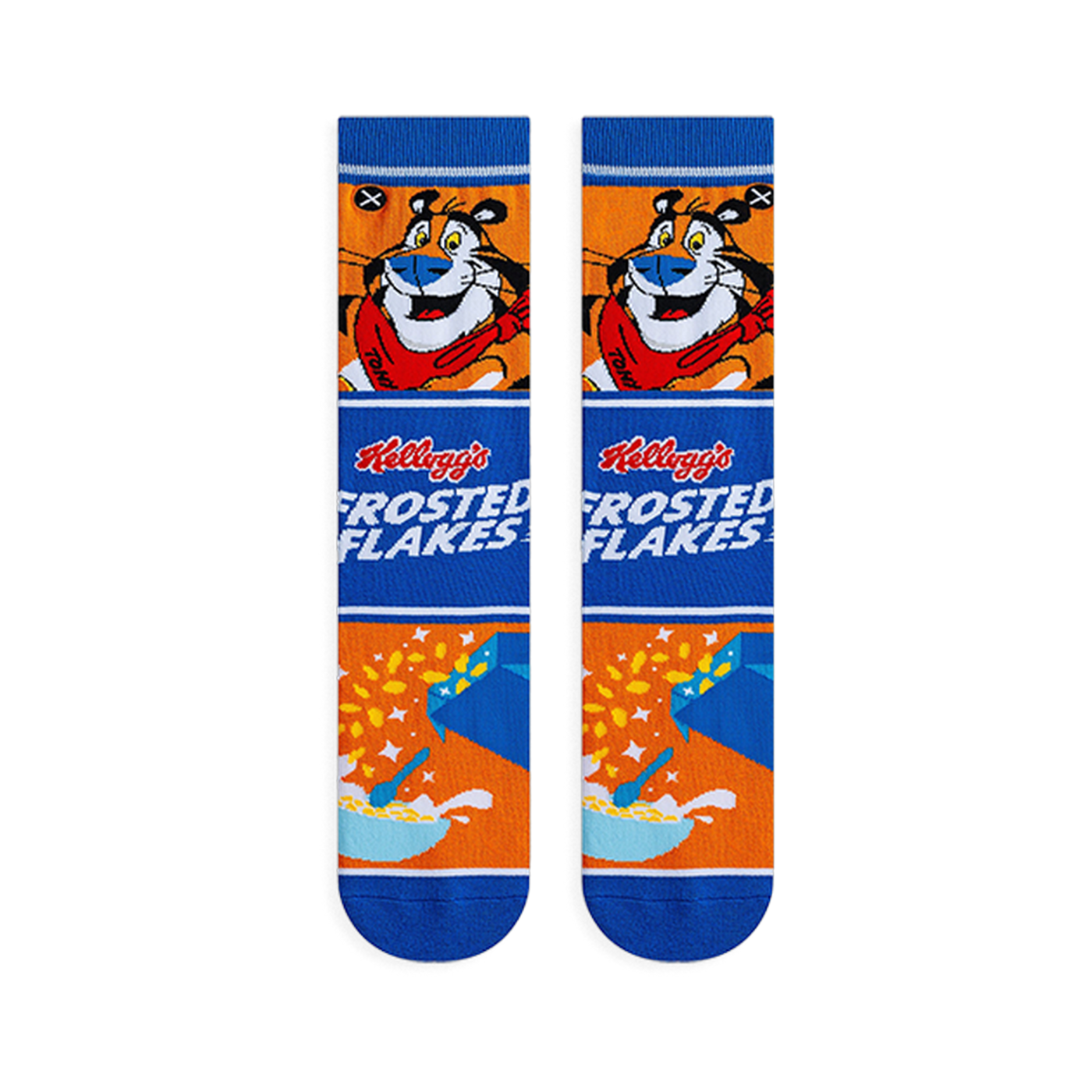 Flat lay of two crew socks showing Tony the Tiger, the Frosted Flakes logo, and a cereal bowl design on an orange base.