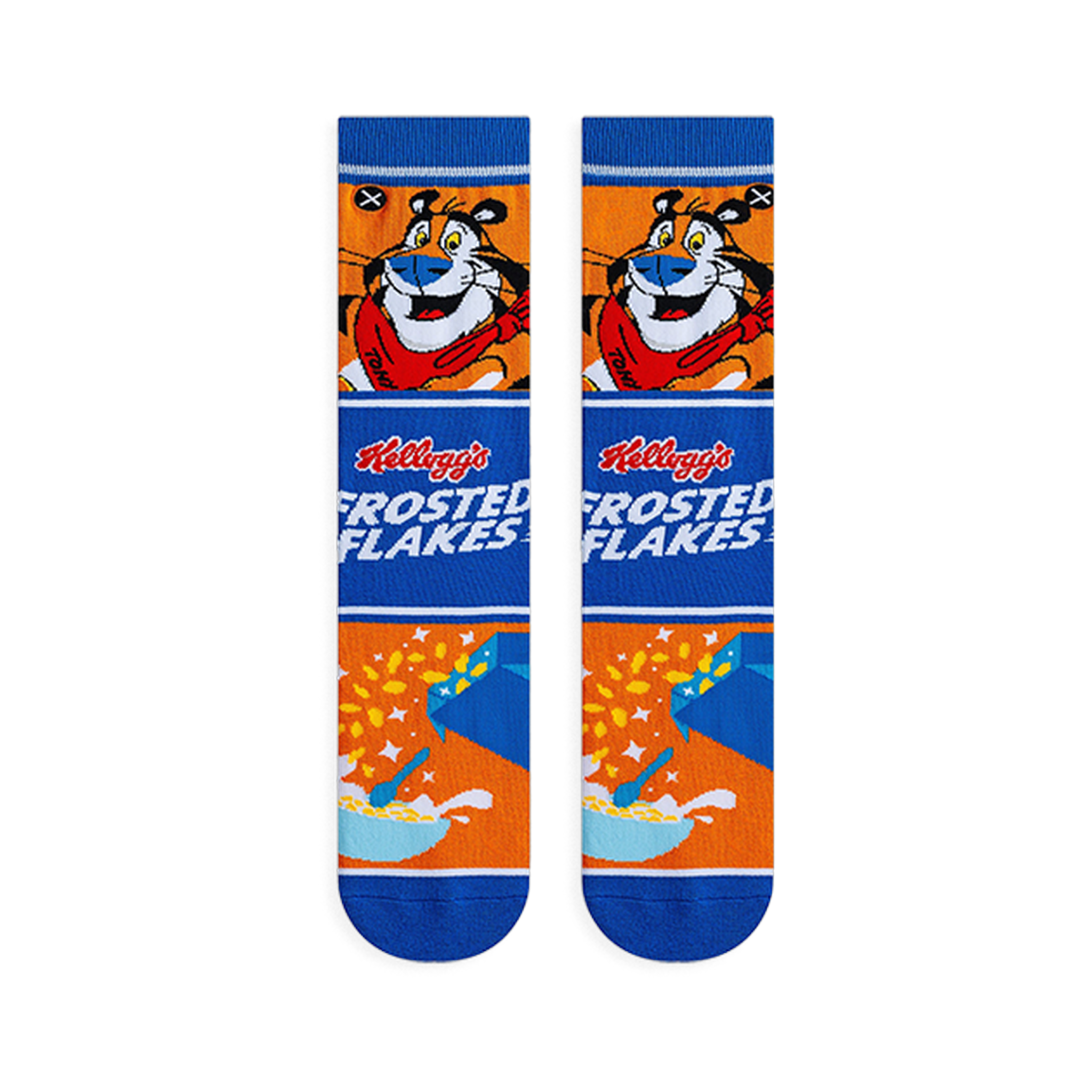 Flat lay of two crew socks showing Tony the Tiger, the Frosted Flakes logo, and a cereal bowl design on an orange base.