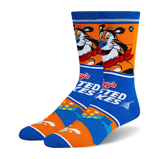 Crew socks showing Tony the Tiger, a blue band with the Frosted Flakes logo, and a cereal box pouring milk into a bowl.