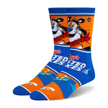 Crew socks showing Tony the Tiger, a blue band with the Frosted Flakes logo, and a cereal box pouring milk into a bowl.