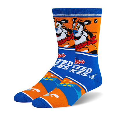 Crew socks showing Tony the Tiger, a blue band with the Frosted Flakes logo, and a cereal box pouring milk into a bowl.