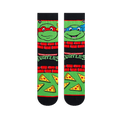 Flat lay of two TMNT socks showing Raphael in red on the left and Leonardo in blue on the right, with pizza slices below.