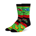 Black and green crew socks with Teenage Mutant Ninja Turtle faces, red brick borders, classic logos, and pizza slices.
