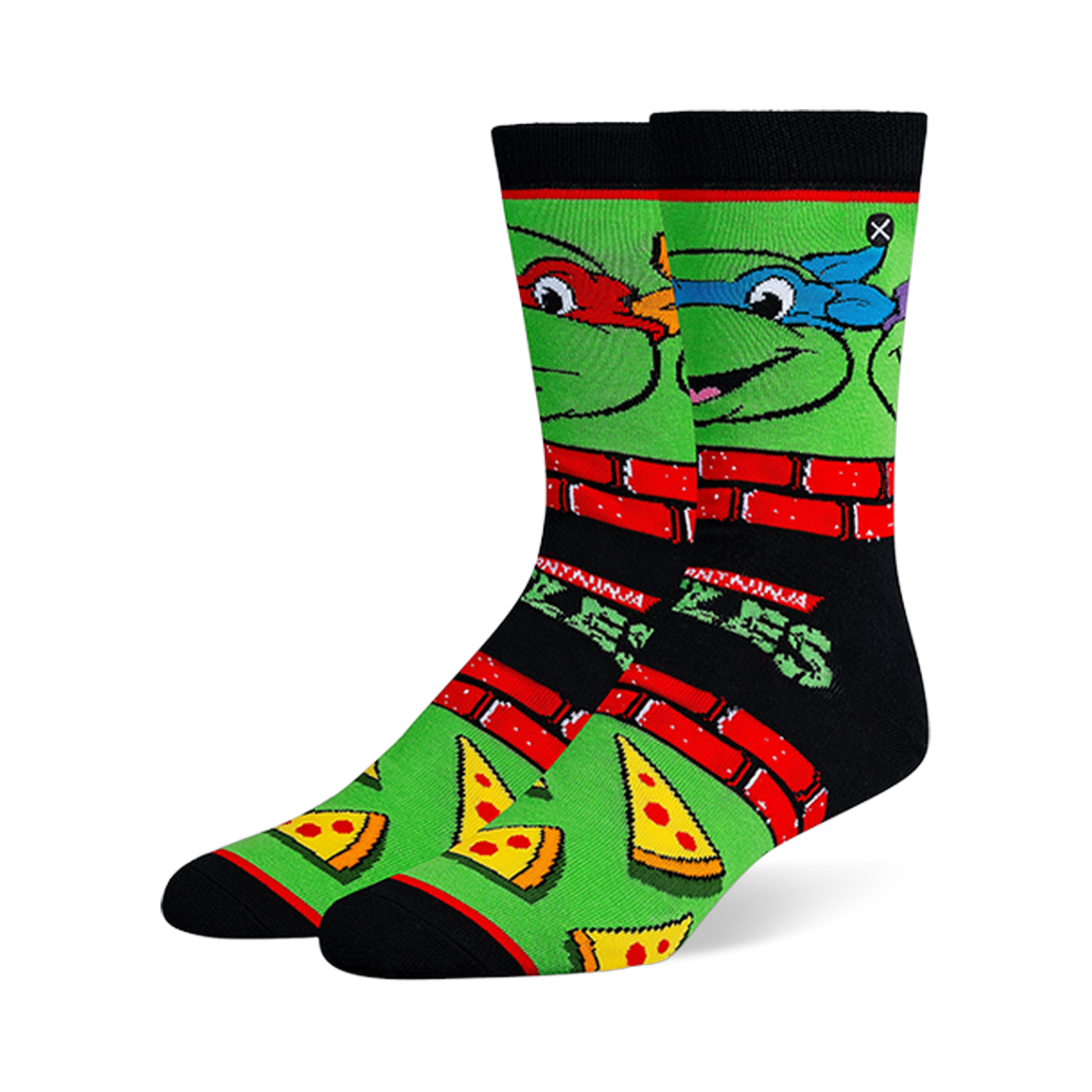 Black and green crew socks with Teenage Mutant Ninja Turtle faces, red brick borders, classic logos, and pizza slices.