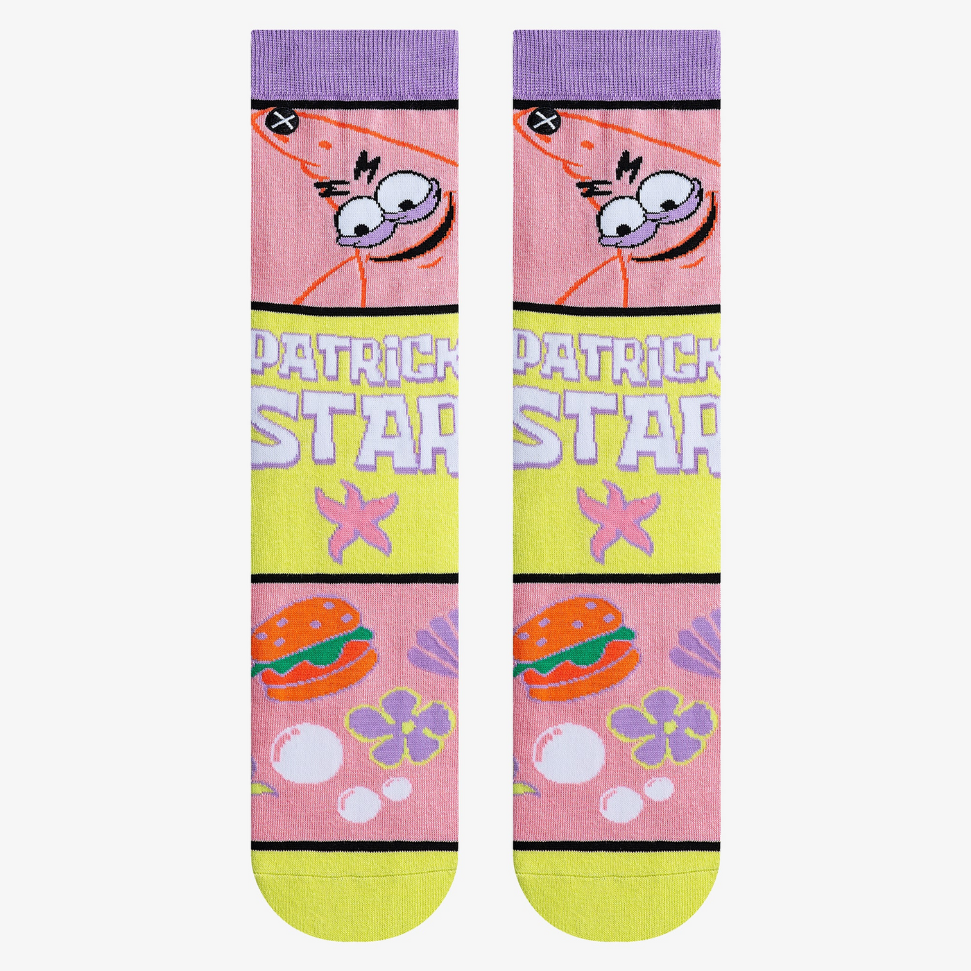Flatlay showcasing two pairs of Patrick Star Mash Up socks, highlighting the full design and colors.