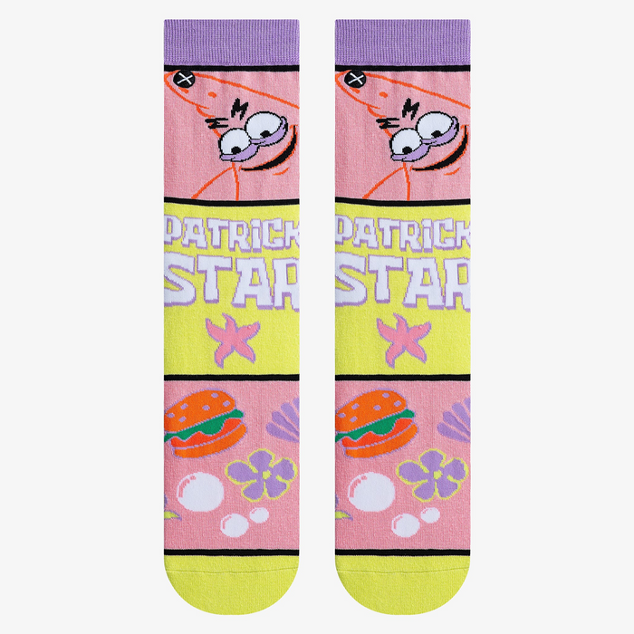 Flatlay showcasing two pairs of Patrick Star Mash Up socks, highlighting the full design and colors.