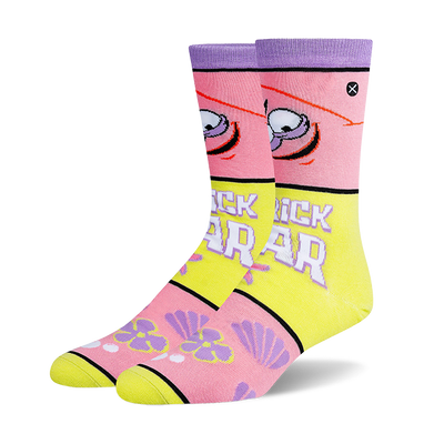 Pair of crew socks with pink, yellow, and purple sections. Features Patrick Star's face, 'ICK AR' text, shells, and bubbles.