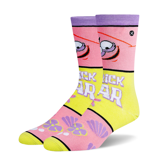 Pair of crew socks in pink, purple, and yellow.  Features Patrick Star's face and the words 
