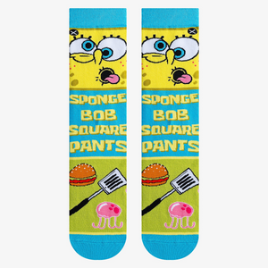 Flatlay showcasing Spongebob Squarepants crew socks featuring various design elements, including Spongebob's face and Krabby Patties.