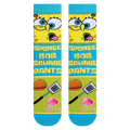 Flatlay showcasing Spongebob Squarepants crew socks featuring various design elements, including Spongebob's face and Krabby Patties.