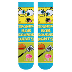 Flatlay showcasing Spongebob Squarepants crew socks featuring various design elements, including Spongebob's face and Krabby Patties.