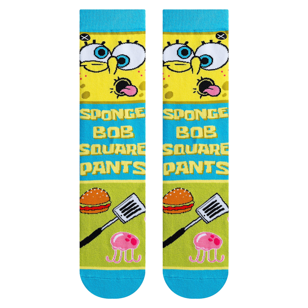 Flatlay showcasing Spongebob Squarepants crew socks featuring various design elements, including Spongebob's face and Krabby Patties.