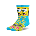 Crew socks in yellow, blue, and green.  Spongebob Squarepants' face and phrases are featured, along with jellyfish and Krabby Patties.