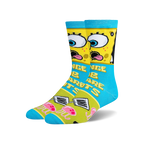 Crew socks in yellow, blue, and green.  Spongebob Squarepants' face and phrases are featured, along with jellyfish and Krabby Patties.