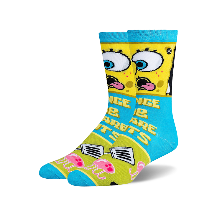 Crew socks in yellow, blue, and green.  Spongebob Squarepants' face and phrases are featured, along with jellyfish and Krabby Patties.