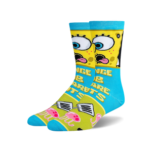 Crew socks in yellow, blue, and green.  Spongebob Squarepants' face and phrases are featured, along with jellyfish and Krabby Patties.