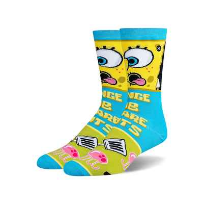 Pair of Spongebob crew socks. Yellow upper with Spongebob's eyes, nose. Green lower with hamburger, spatula, jellyfish.