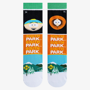 Flatlay showcasing the South Park Mash Up socks.  The design details and colors are clearly visible.