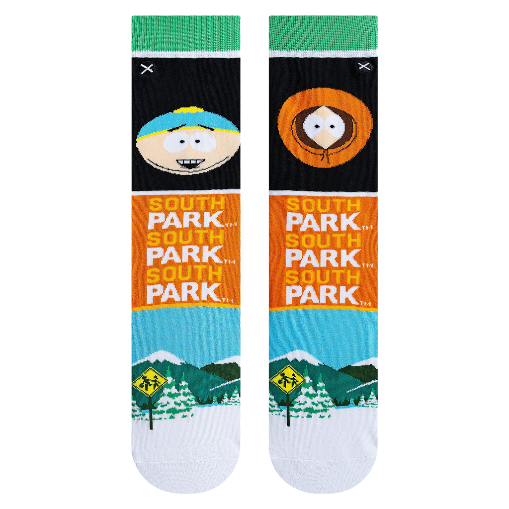 Flatlay showcasing the South Park Mash Up socks.  The design details and colors are clearly visible.