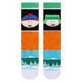 Close-up product shot highlighting the South Park characters, text, and snowy mountain landscape on the socks.