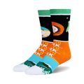 Pair of South Park crew socks. Black, orange, teal, and white stripes with Stan and Kyle's faces and South Park text.