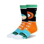 Pair of South Park crew socks. Black, orange, teal, and white stripes with Stan and Kyle's faces and South Park text.
