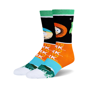Pair of South Park crew socks. Black, orange, teal, and white stripes with Stan and Kyle's faces and South Park text.