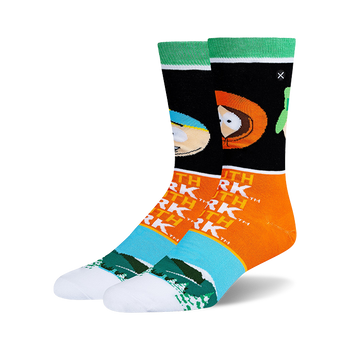 Pair of crew socks, one black with Kyle's face, other black with Kenny's. Both have orange "South Park" text, blue mountains, white toes.