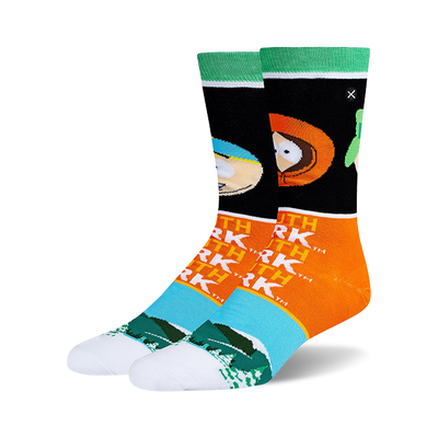 Pair of crew socks, one black with Kyle's face, other black with Kenny's. Both have orange "South Park" text, blue mountains, white toes.