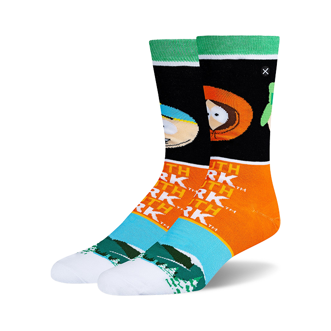 Pair of South Park crew socks. Black, orange, teal, and white stripes with Stan and Kyle's faces and South Park text.