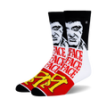 A pair of crew socks in black, white, and red. The design features Al Pacino's face from Scarface and the word 'FACE' repeated.