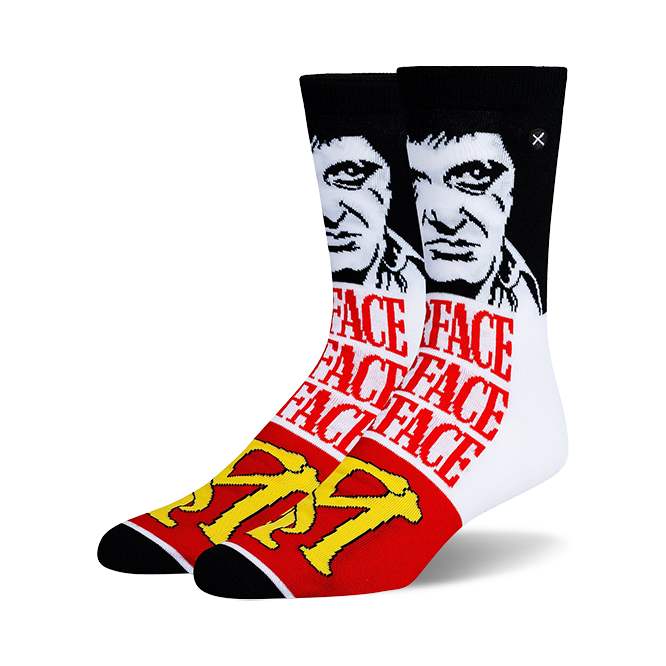 A pair of crew socks in black, white, and red. The design features Al Pacino's face from Scarface and the word 'FACE' repeated.