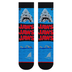 Flatlay showcasing a pair of Jaws Mash Up crew socks; highlighting the sock's design details.