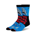 Pair of Jaws-themed crew socks. Blue, black, and red design features the Jaws movie poster with sharks and swimmers.