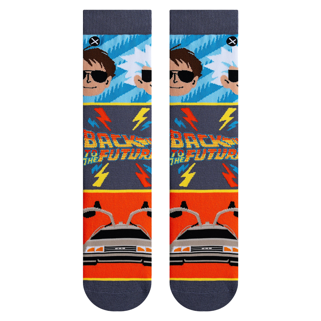 Pair of Back to the Future mashup socks shown flat lay against a white background.