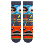 Pair of Back to the Future mashup socks shown flat lay against a white background.