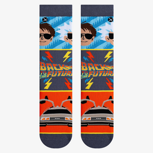 Pair of Back to the Future mashup socks shown flat lay against a white background.