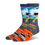 Crew socks in blue, gray, and orange, featuring Doc Brown, lightning bolts, and the DeLorean time machine from 'Back to the Future'.