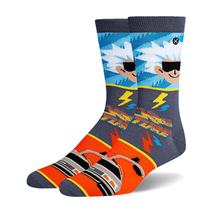 Crew socks in blue, gray, and orange, featuring Doc Brown, lightning bolts, and the DeLorean time machine from 'Back to the Future'.