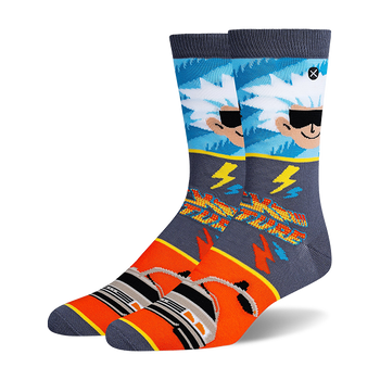 Pair of grey, orange, and blue crew socks with Back To The Future design: Doc Brown, lightning bolts, DeLorean car.