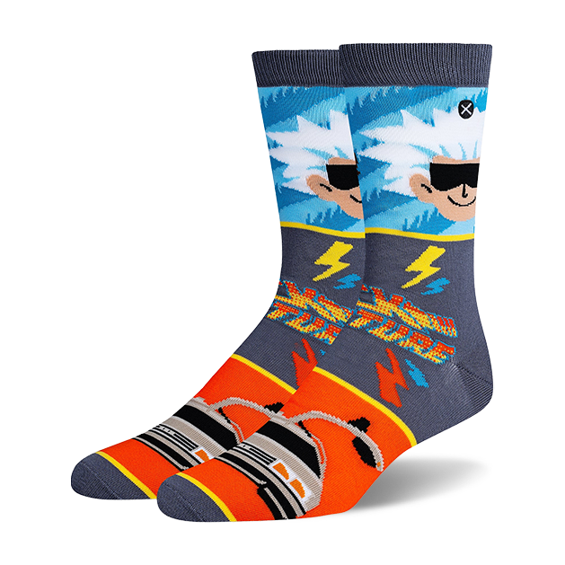 Crew socks in blue, gray, and orange, featuring Doc Brown, lightning bolts, and the DeLorean time machine from 'Back to the Future'.