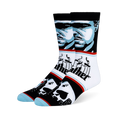 Crew socks with a blue and black Godfather portrait, the classic puppeteer logo, and playing cards over a city skyline.