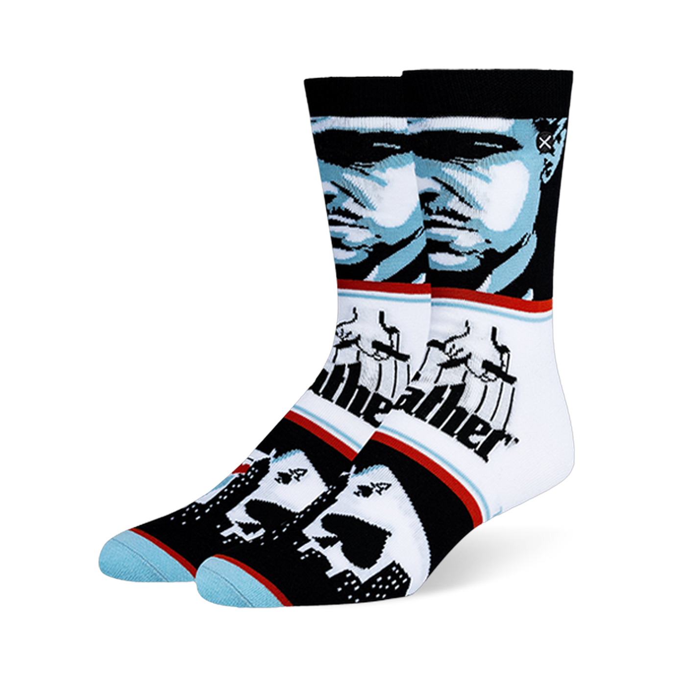 Crew socks with a blue and black Godfather portrait, the classic puppeteer logo, and playing cards over a city skyline.