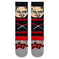 Flatlay product shot of a pair of Chucky Mash Up socks, showing the full design.